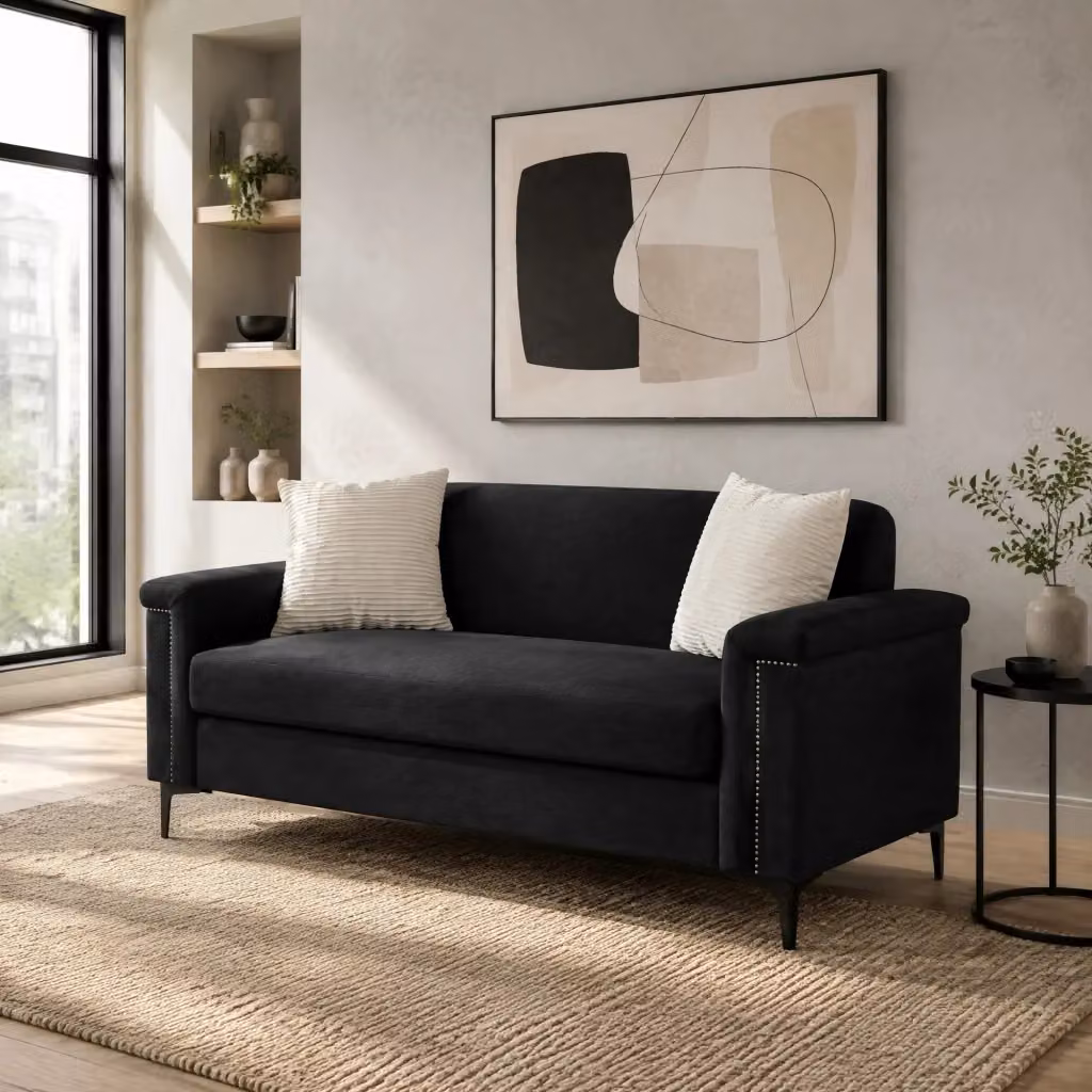 Divano a 2 posti Mivray in tessuto nero con struttura in legno e metallo, L: 172 cm, P: 82 cm, H: 72 cm – 2