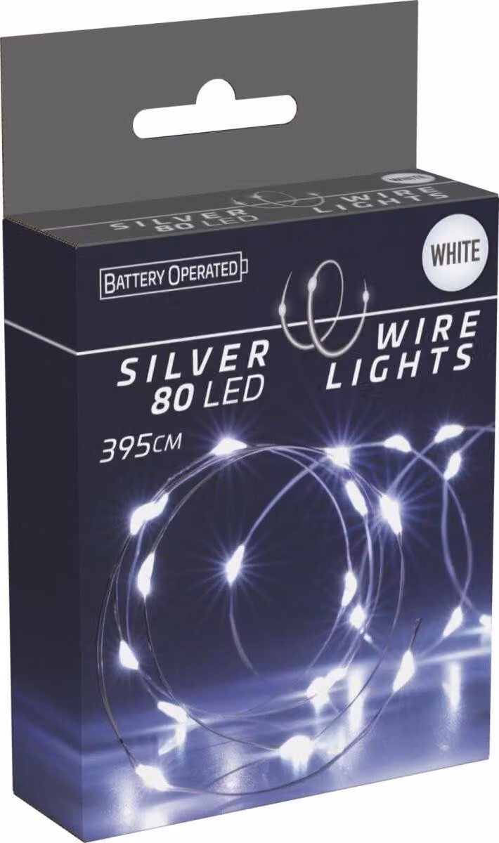 Fata LED, filo d'argento, 80 LED, bianco freddo, funzionamento a batteria