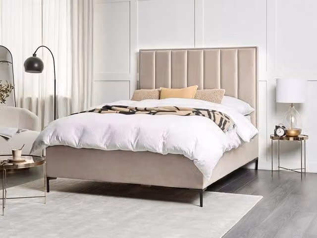 Letto matrimoniale Beliani in velluto grigio beige con contenitore e poggiatesta imbottito L/P/H: 140 x 200 cm