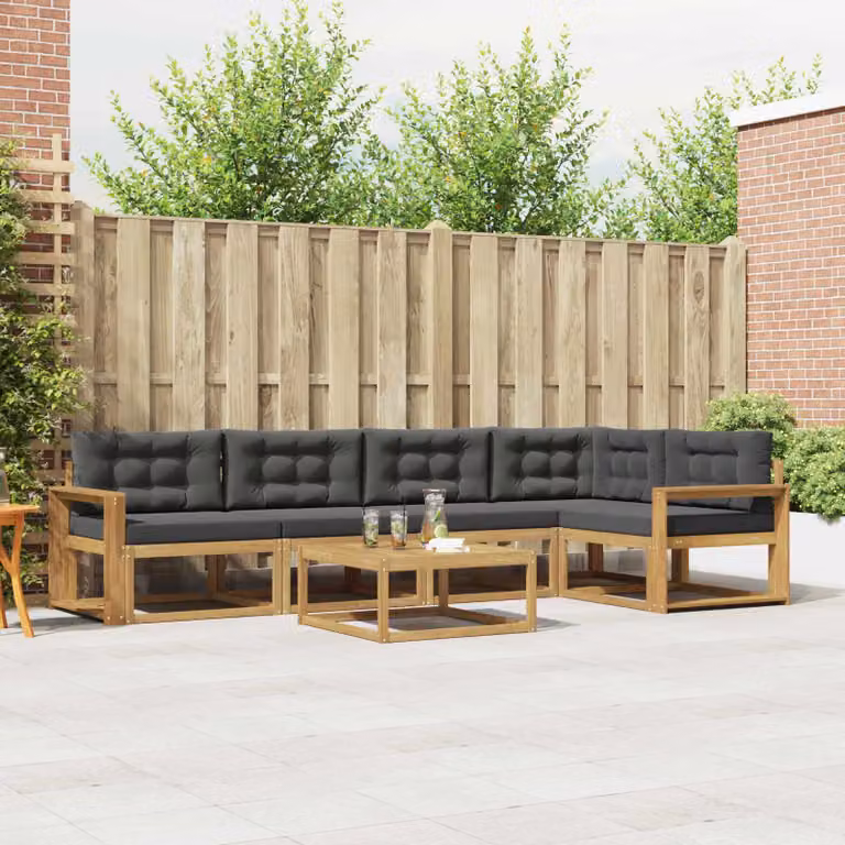 Set di divani da esterno vidaXL a forma di L con tavolino da caffè, composto da 6 pezzi in legno di acacia e tessuto resistente ai raggi UV, colori bianco, antracite e marrone
