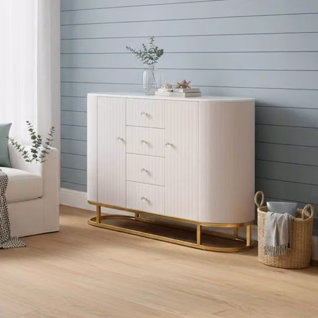 Credenza Lodovico DMORA per soggiorno e sala da pranzo, colore beige, bianco e oro, L 120 cm, P 40 cm, H 85 cm – 1