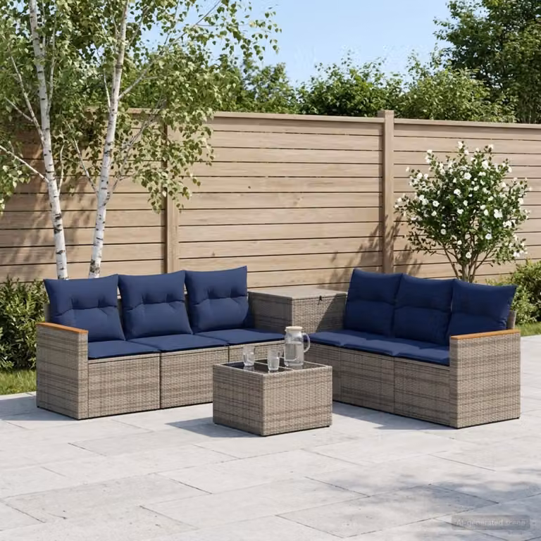 Set di divani da giardino vidaXL a forma di L composto da 8 pezzi in rattan e acciaio, colore grigio e blu navy