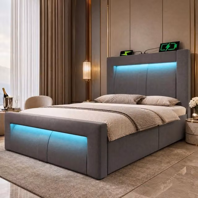 Letto singolo 90x200 cm con contenitore idraulico, LED e ricarica USB-C, grigio