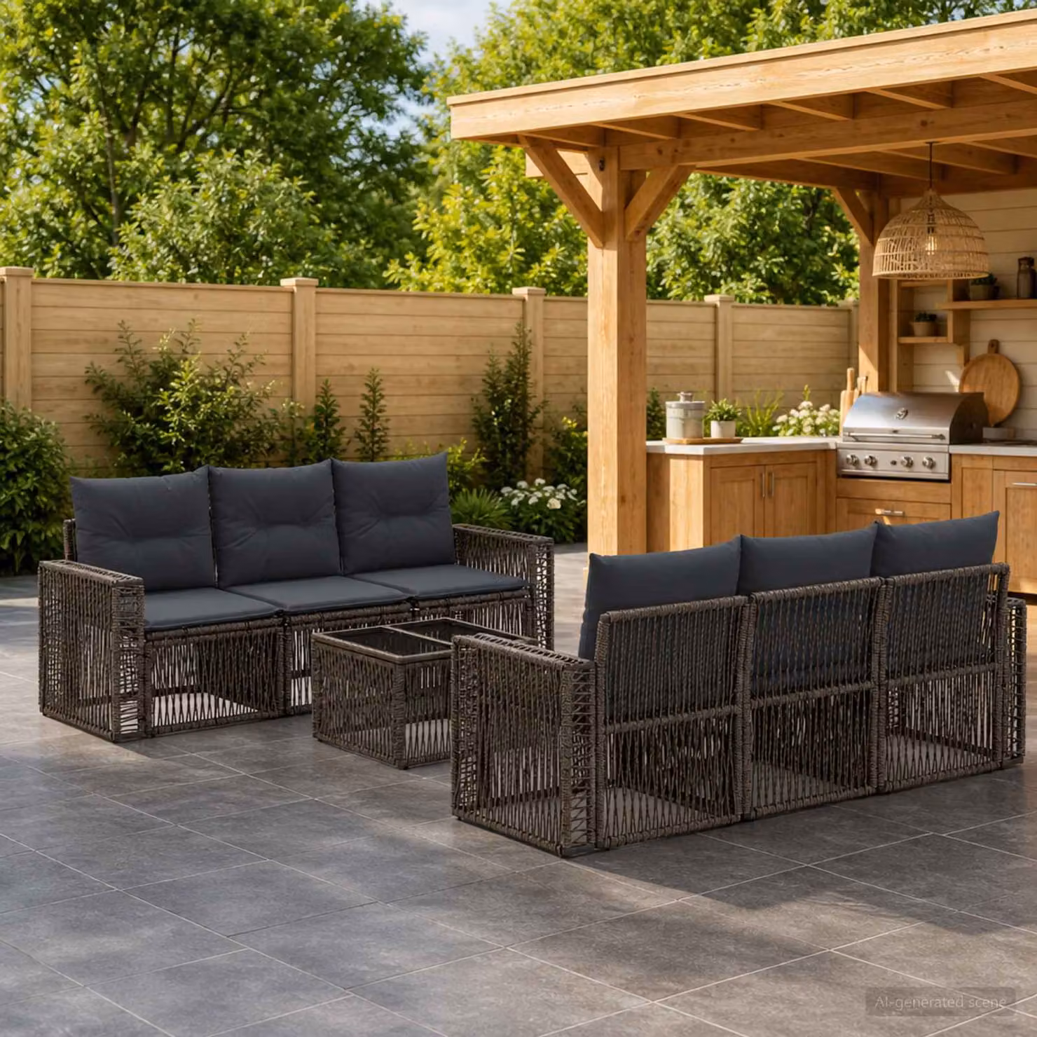 Set Divano da Giardino vidaXL 7 Pezzi in Polyrattan Grigio con Cuscini e Tavolino