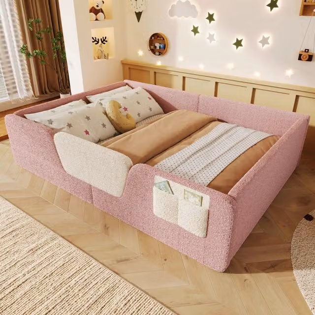 Letto imbottito per bambini WISHDOR in velluto rosa con tasche laterali, L/P/H: 190 x 140 x 148 cm