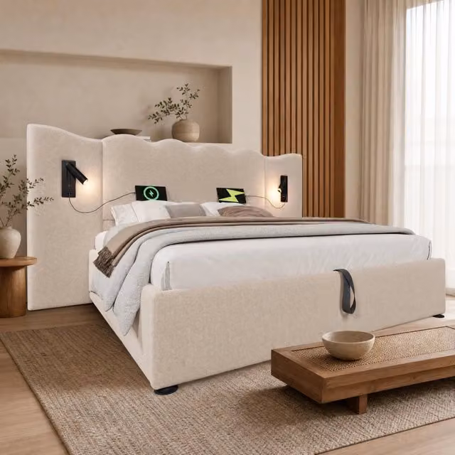Letto contenitore 180x200 cm con lampada da lettura; USB Type-C; lino; beige