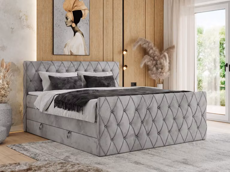 Letto boxspring MKS MEBLE 180 x 200 cm con contenitore, letto 180 x 200 cm con materasso H3, letto boxspring 180 x 200 cm con topper - Miren King Duo - Grigio chiaro vellutato - H3