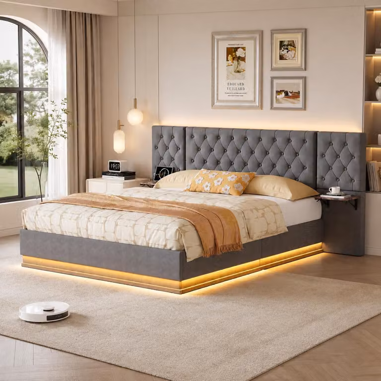 Letto imbottito INONEFT 160x200 con LED e USB, letto matrimoniale con sistema di sollevamento idraulico, ampia testiera e rete a doghe, ideale per ragazzi, colore grigio lino
