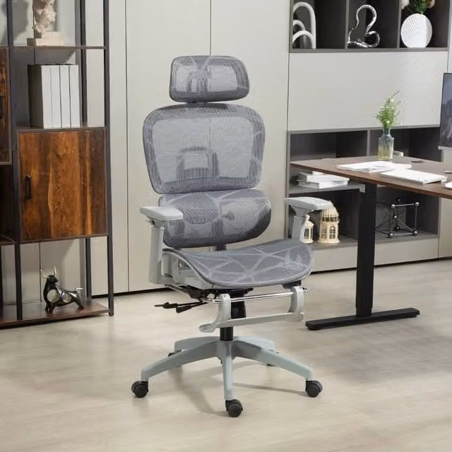 Sedia da ufficio ergonomica in rete grigia con poggiatesta e braccioli regolabili 66 x 64 x 114-122 cm