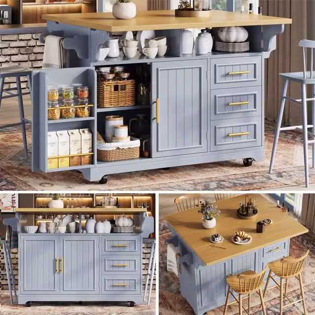 Isola Cucina Multifunzione con Prolunga Tavolo Posizionabile, Ante a Motivo Verticale, Ampio Spazio con Cassetti, Piano Ribaltabile Bilaterale, Mobile Buffet su Ruote