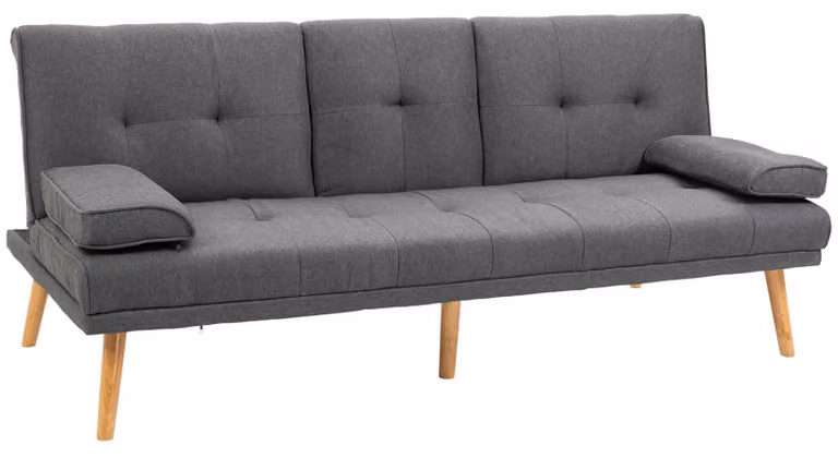 Divano letto Moonbite, 3 posti, 181 cm, con tavolino pieghevole e portabicchieri, imbottitura di 18 cm, schienale regolabile in tre posizioni, gambe in legno massello, rivestito in poliestere, colore grigio scuro