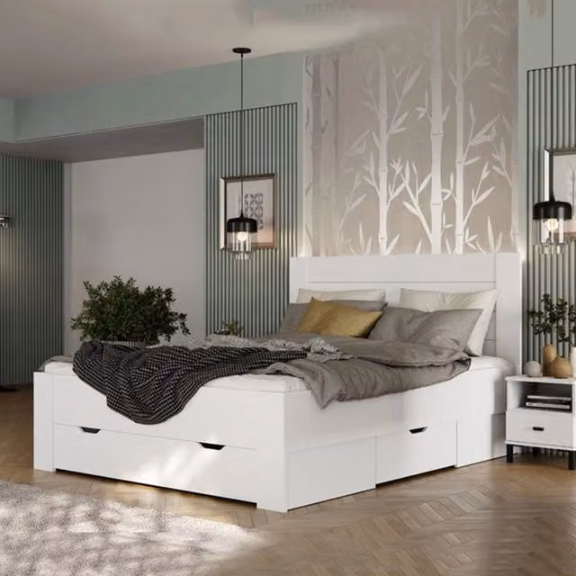 Letto Matrimoniale DMORA con Cassettiera, Bianco e Beige, L/P/H: 160 x 200 x 113 cm