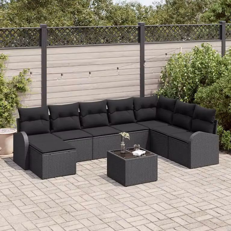 Set di divani da giardino vidaXL a forma di U con cuscini, nero, 9 pezzi