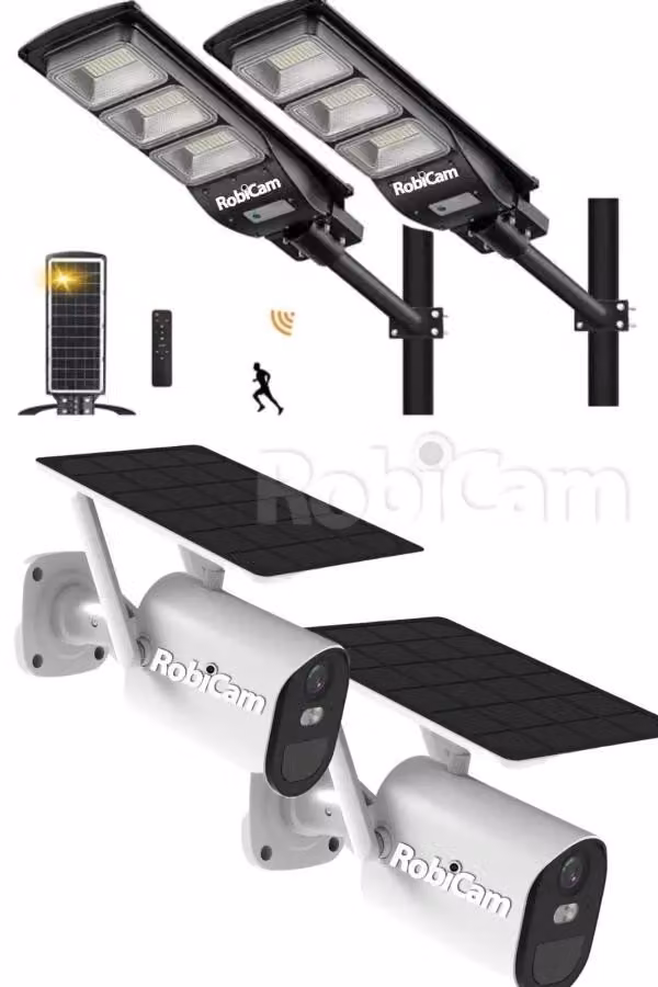 2 pezzi, RobiCam, telecamera solare Bullet, BC17, ultra grandangolari, 2 lampade solari, 900W, RAPTOR 3