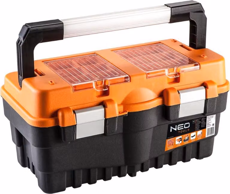 NEO TOOLS cassetta degli attrezzi18" con dimensioni 46,2 x 25,6 x 24,2 cm, maniglia di trasporto in alluminio, serrature a scatto in alluminio, 2 scomparti con coperchi in policarbonato, vassoio incernierato, spazio per lucchetto