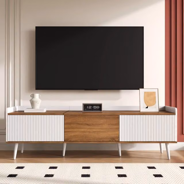 Mobile TV 3 ante, compatto. Bianco e finitura legno naturale. L160 x P39 x H49,5 cm