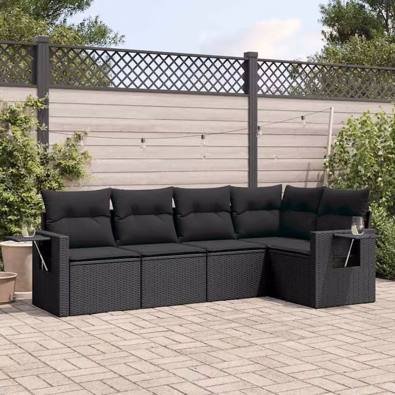 Set di divani da giardino vidaXL 5 pezzi in polyrattan nero con cuscini e tavolino da esterno a forma di L