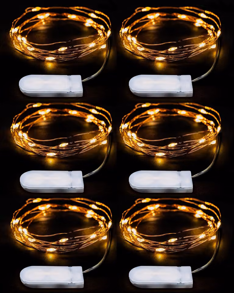 Catena luminosa a LED con filo di rame, 2 metri, 20 LED, luce bianco caldo, confezione da 6 pezzi