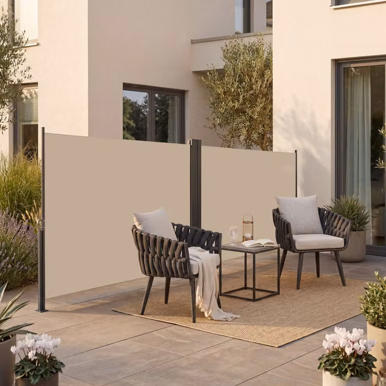 Tenda da sole laterale doppia estensibile tectake con meccanismo di avvolgimento in acciaio e poliestere, beige, L: 600 cm, H: 160 cm