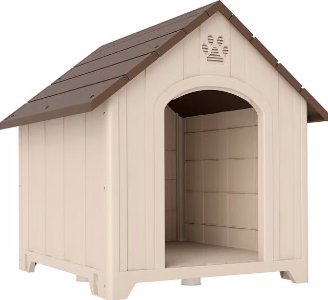 Cuccia per cani rialzata PawHut con tetto inclinato e prese d'aria in plastica, Beige e Marrone Scuro, L: 102 cm, P: 94 cm, H: 103 cm – 1