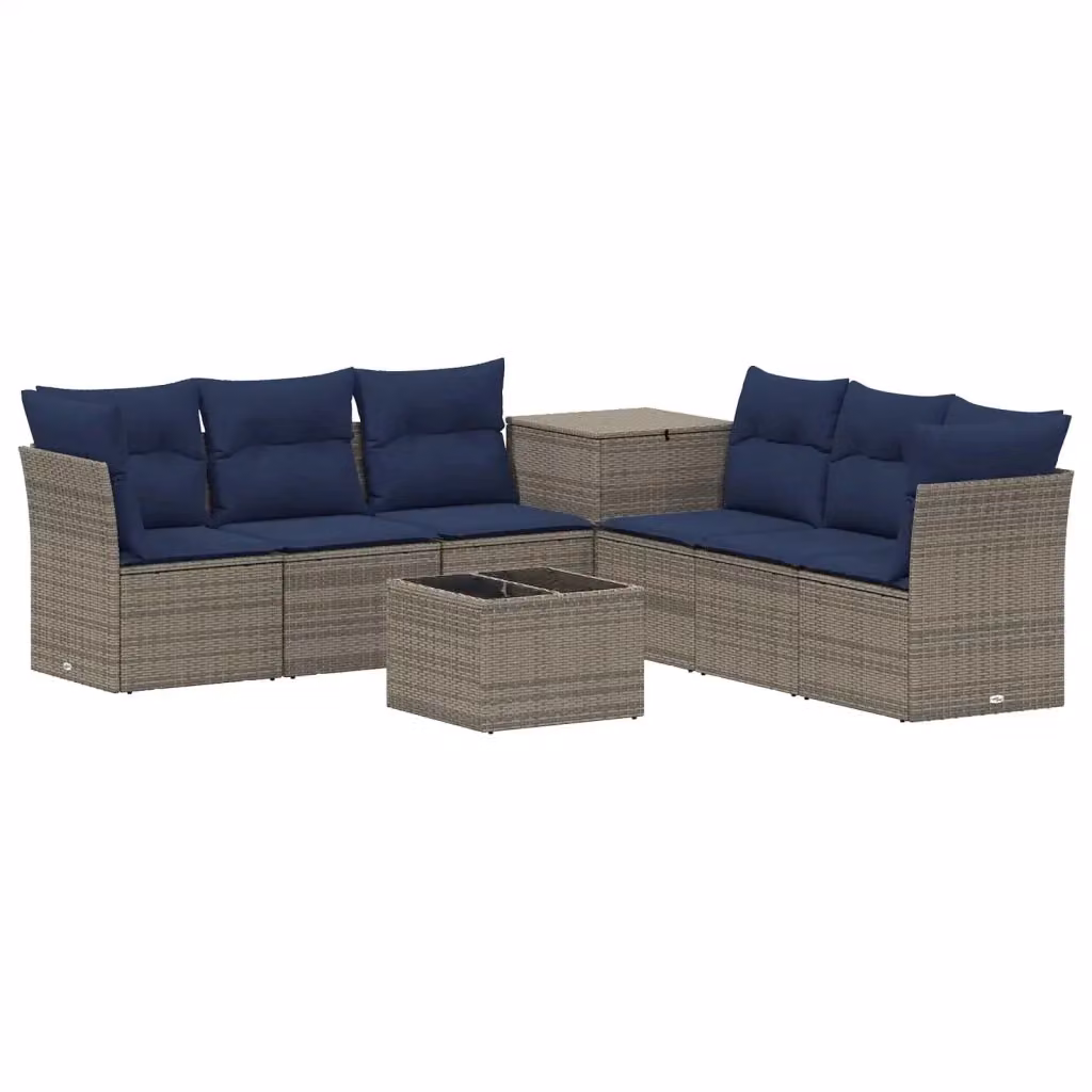 Set di divani da giardino vidaXL in polyrattan con cuscini e tavolino, Grigio e Blu Navy – 2