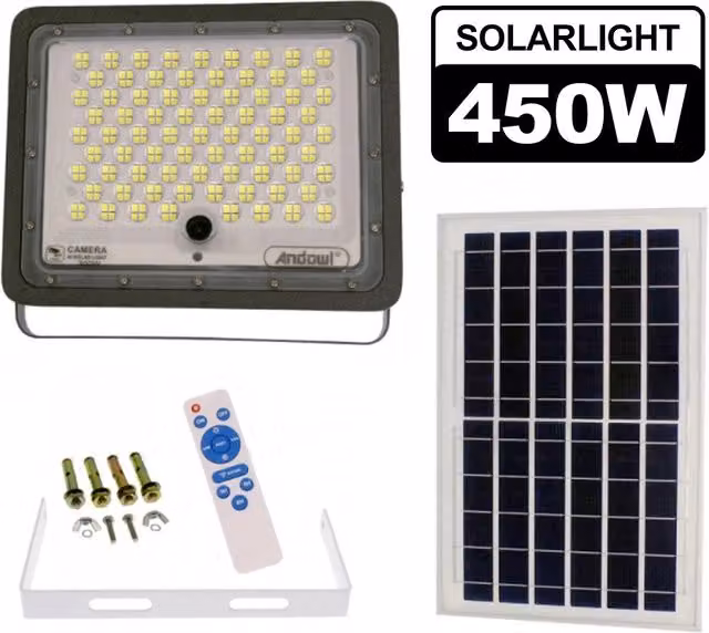Andowl Lampada Stradale LED da 450W con Pannello Solare, Proiettore IP e Telecamera WiFi Smart App Q-sx77