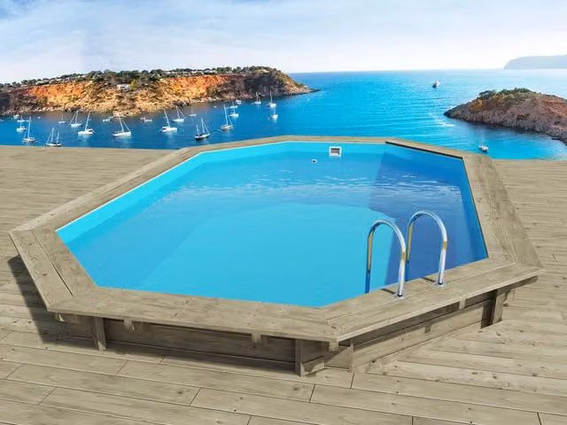 Piscina fuori terra rettangolare in legno Miami 145 Habitat et Jardin, Colore Blu e Marrone, L: 486 cm, P: 336 cm, H: 145 cm