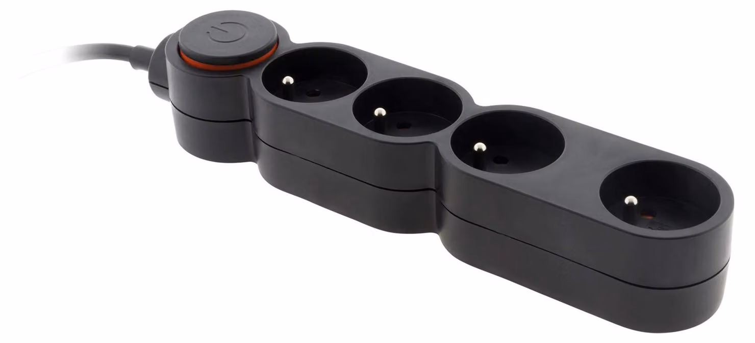 Blocco multipresa da parete, 4 prese da 16A, colore nero - cavo HO5VV-F 3G1, lunghezza 1,5 metri - dotato di spina