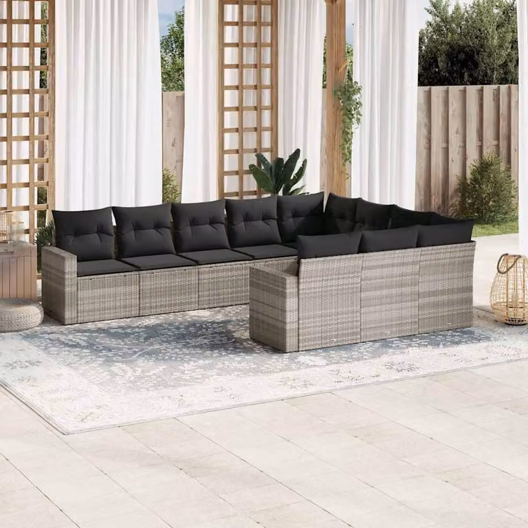Set Divano da Giardino a L vidaXL in Polyrattan Grigio con 10 Cuscini Imbottiti e Rivestimenti Rimovibili