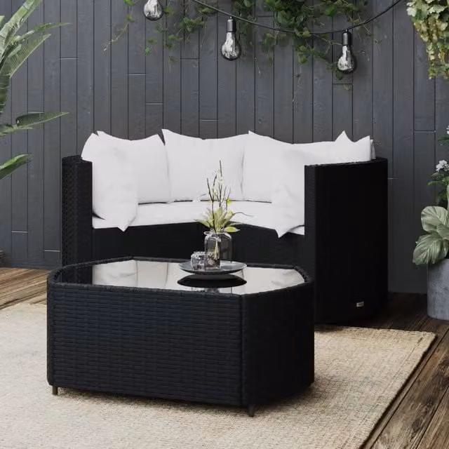 Set da giardino moderno vidaXL con divano ad angolo, tavolino e cuscini in bianco e nero – 1