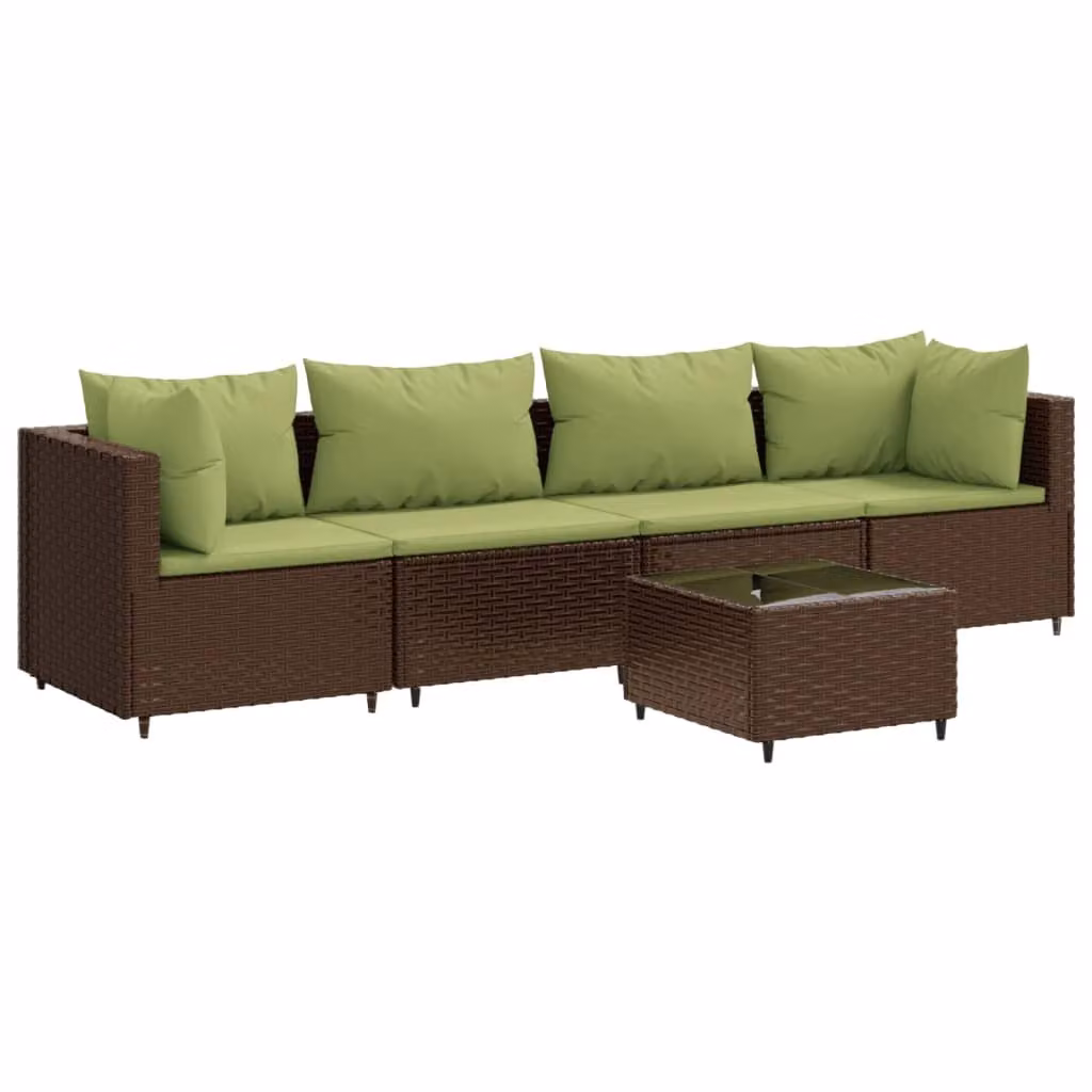 Set Divani da Giardino 5 pz con Cuscini Marrone in Polyrattan