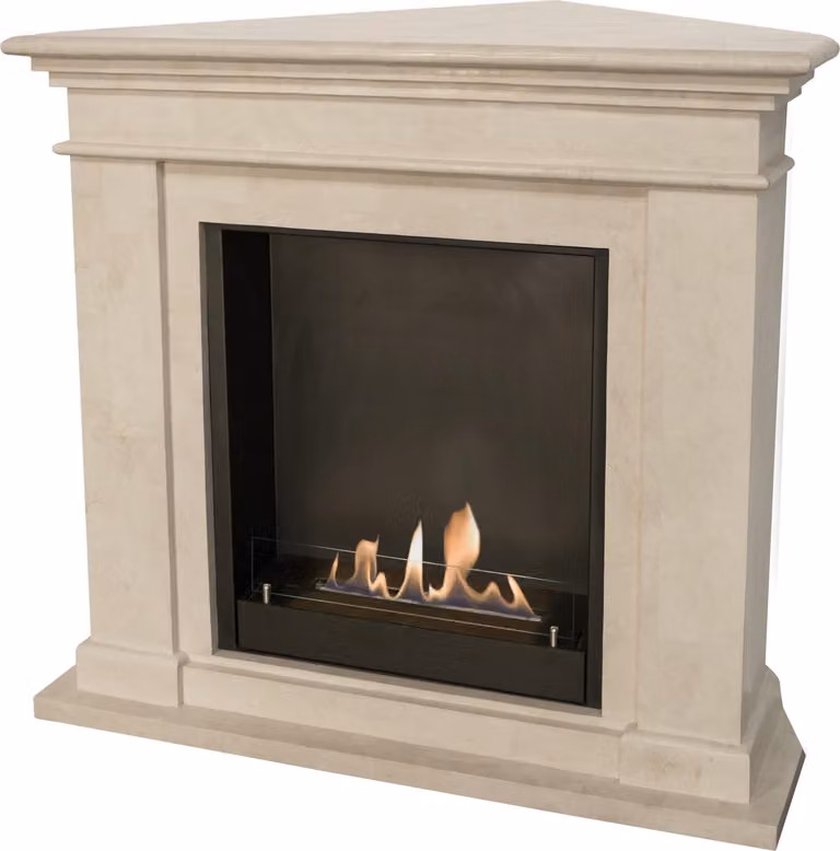 Caminetto a etanolo Xaralyn - Kos-Corner BIU - pietra naturale bianca - riscaldamento a 3 kW - caminetto da incasso incluso - caminetto decorativo - caminetto ad angolo