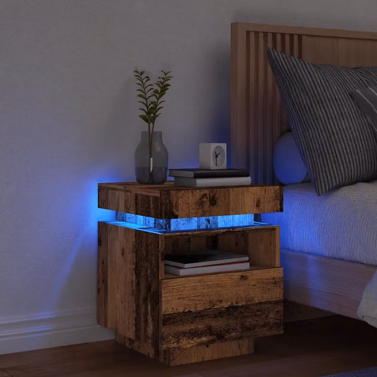 Comodino vidaXL in Legno Antico con Luci LED e Scomparti Media, L 40 cm x P 39 cm x H 48,5 cm