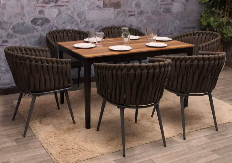 set di 6 sedie da pranzo in alluminio HWC-N38, braccioli per sedie da interno, intreccio in corda di olefina Corda ~ marrone Cuscino grigio scuro