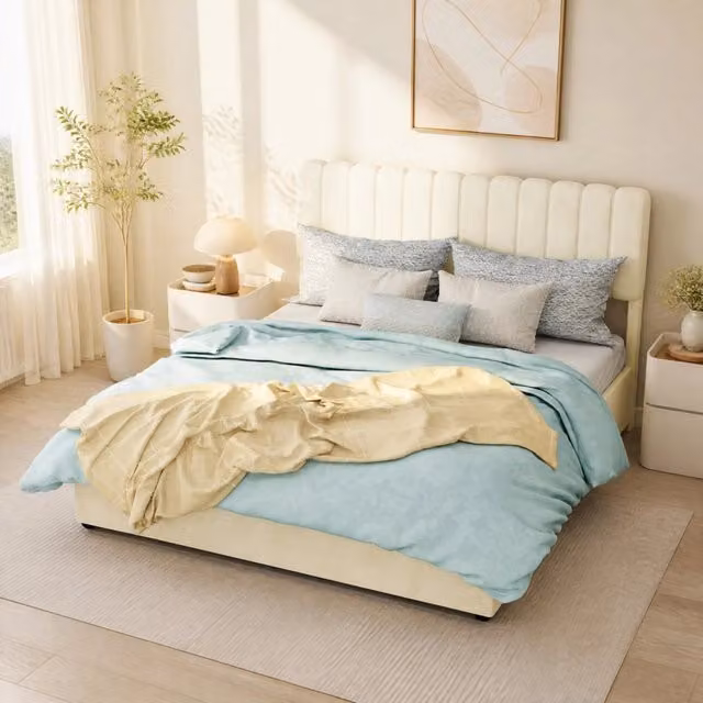 Letto imbottito 140 × 200 cm rivestito in velluto beige con struttura in metallo e testiera morbida