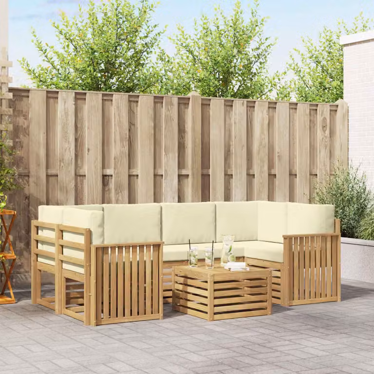 vidaXL Set di divani da esterno a L composto da 7 pezzi in legno di acacia con cuscini Bianco e Beige