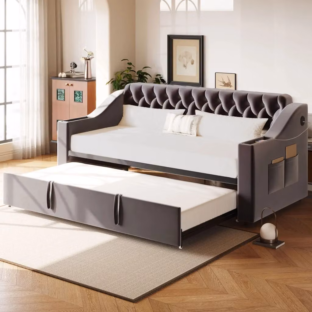 Divano letto estraibile MIVRAY in velluto grigio con funzione letto 180 x 190 cm e ricarica USB – 2