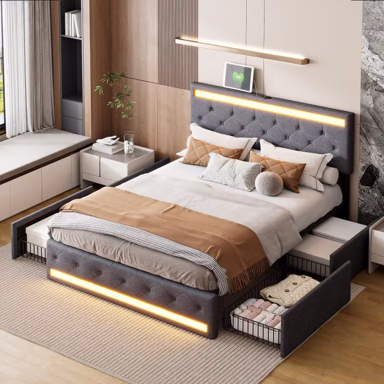 Letto 180x200 cm con illuminazione a LED, porta USB, 4 cassetti e contenitore per biancheria, colore grigio