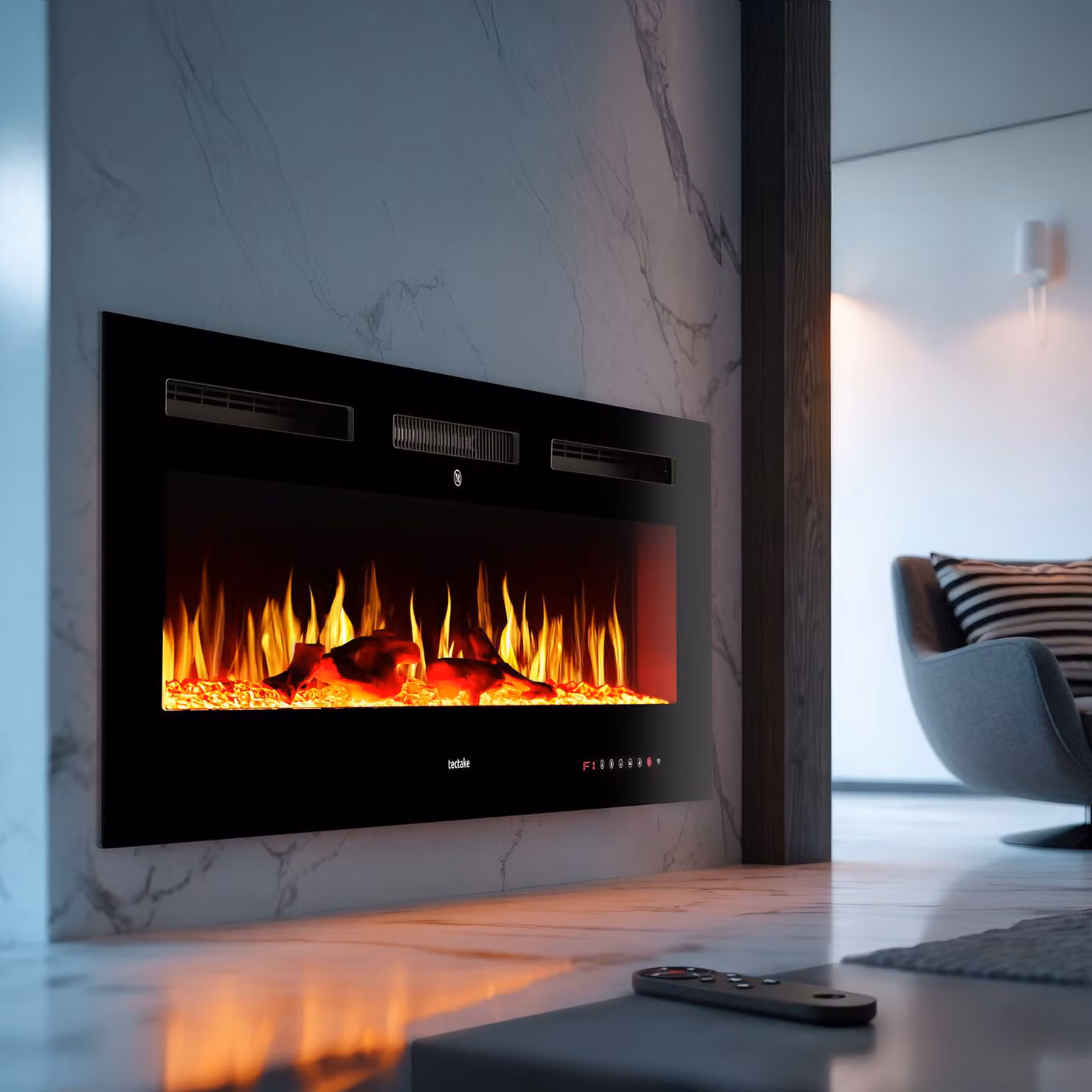 Caminetto elettrico da parete tectake nero con effetto fiamma, controllo tramite app e 2 livelli di riscaldamento - L: 127,00 cm, H: 12,00 cm, P: 43,00 cm – 2