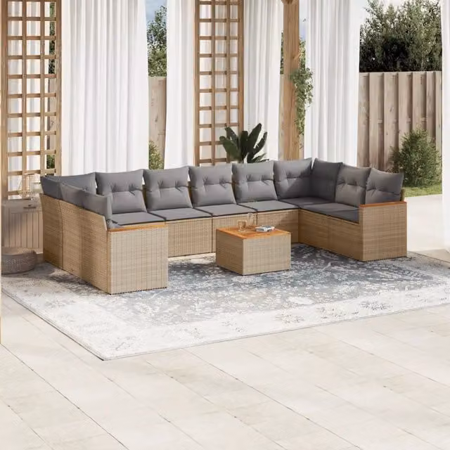 vidaXL Set di Divani da Giardino 11 pz in Polyrattan con Cuscini Beige e Tavolino da Esterno