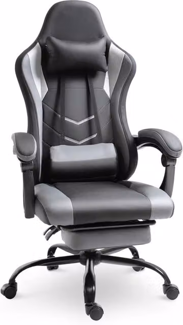Sedia da gaming regolabile in altezza con poggiatesta e supporto lombare, ergonomica, portata massima 120 kg, con poggiapiedi, colore nero.