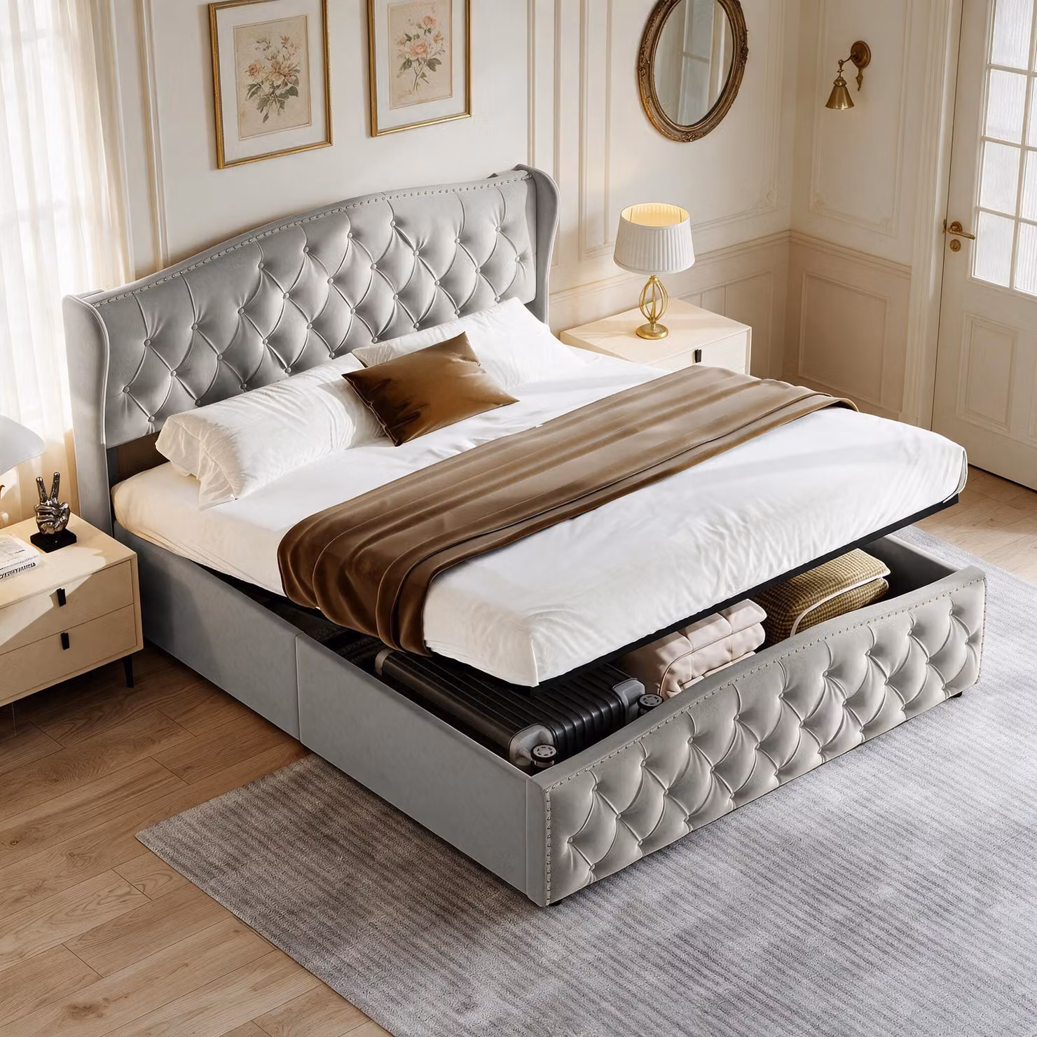 Letto imbottito INONEFT, 140x200 cm, con spazio contenitore, letto per ragazzi con cassone contenitore a sistema idraulico, letti singoli con rete a doghe, rivestito in velluto, senza materasso, colore grigio