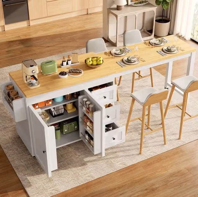 Isola cucina ULEVR 116-179,5x45x89 cm con piano estensibile, 3 cassetti, armadio e ruote, bianca