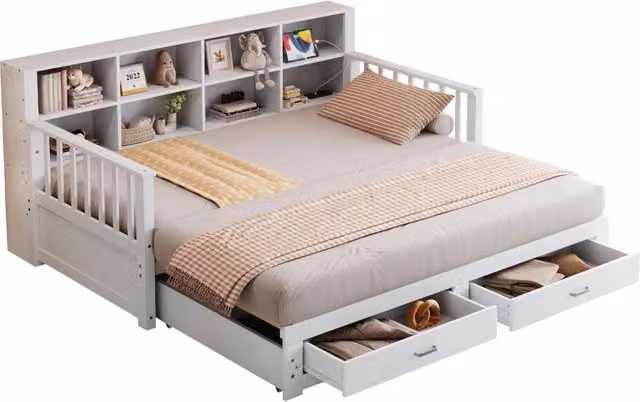 Divano letto estraibile 90/180x190 cm in legno bianco con contenitore， senza materasso