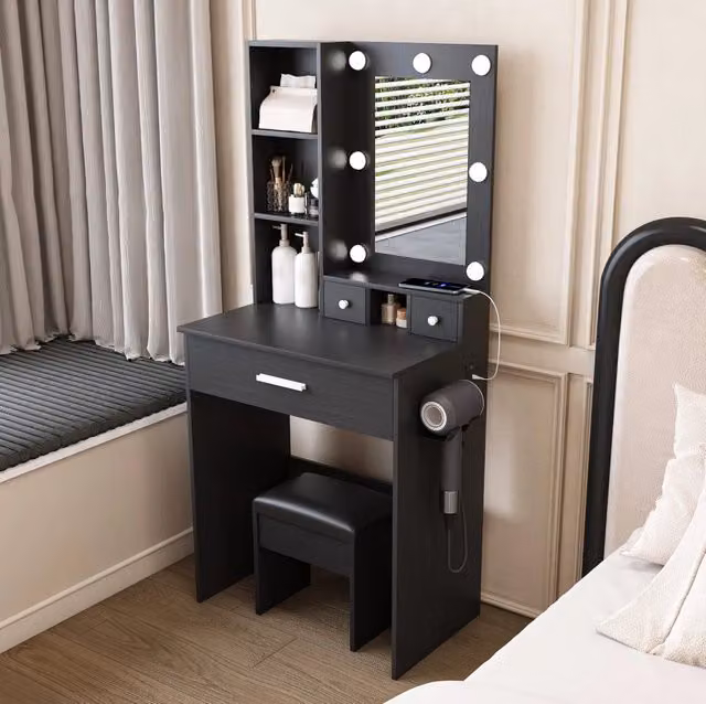 Tavolo da trucco MODFU con specchio LED a 3 tonalità, presa elettrica, 3 cassetti e sgabello, nero, L/P/H: 60 x 38 x 131,5 cm