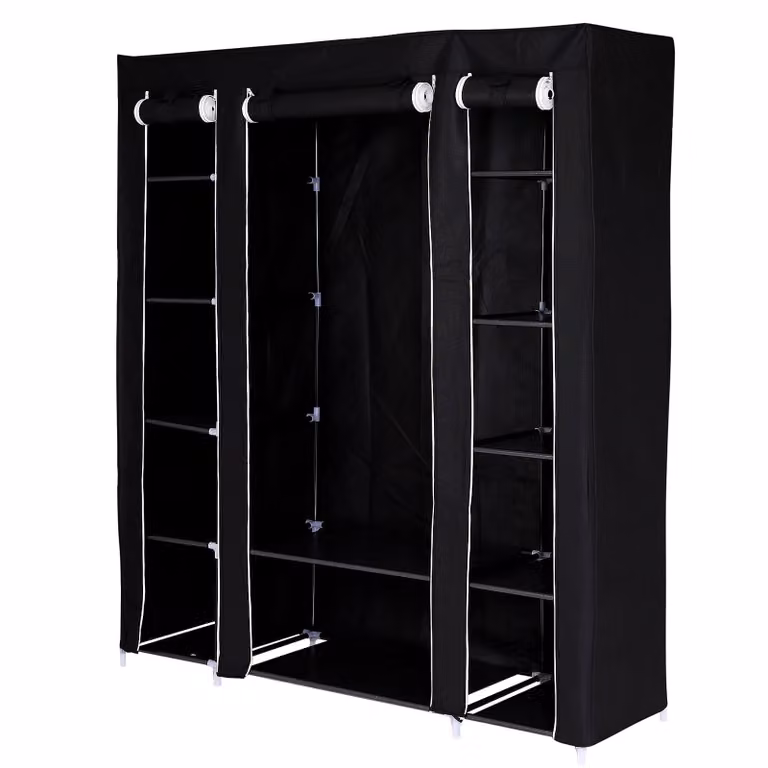 armadio in tessuto dibea, robusto armadio pieghevole con asta appendiabiti e scomparti, struttura in acciaio tubolare e rivestimento in pile, 175x150x45 cm, nero