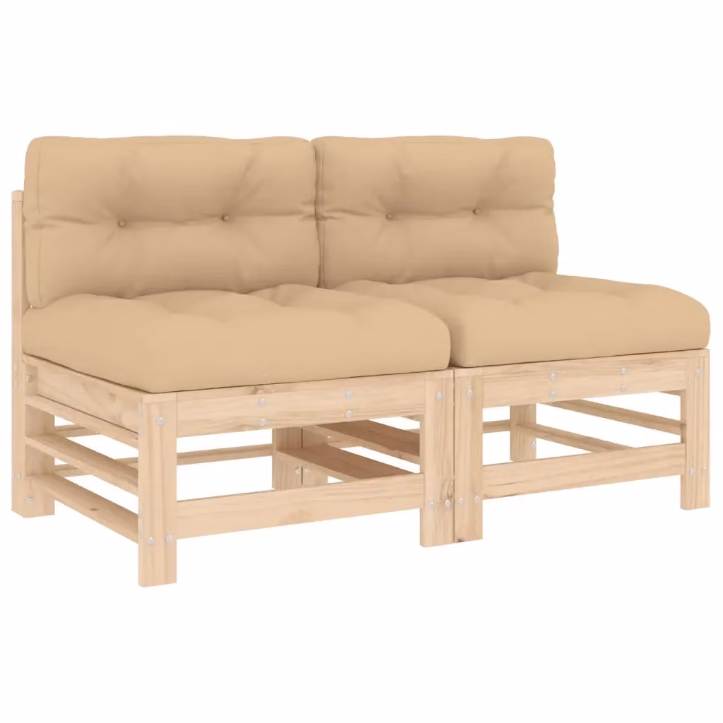 Set di 2 Divani Centrali con Cuscini vidaXL in Legno Massello di Pino, Colore Beige e Marrone – 2