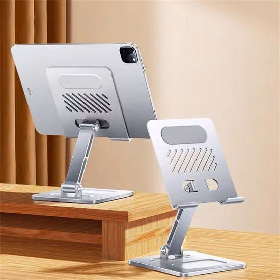 Supporto metallico girevole per tablet da scrivania, modello a due postazioni, regolabile