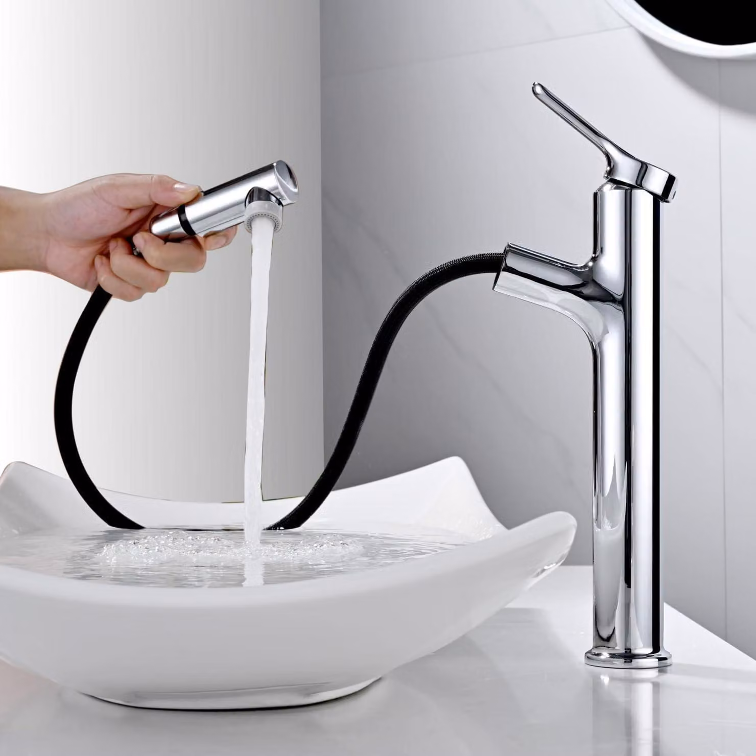 Rubinetto da bagno alto con doccetta estraibile, 2 getti, miscelatore monocomando, cromato, 320 mm