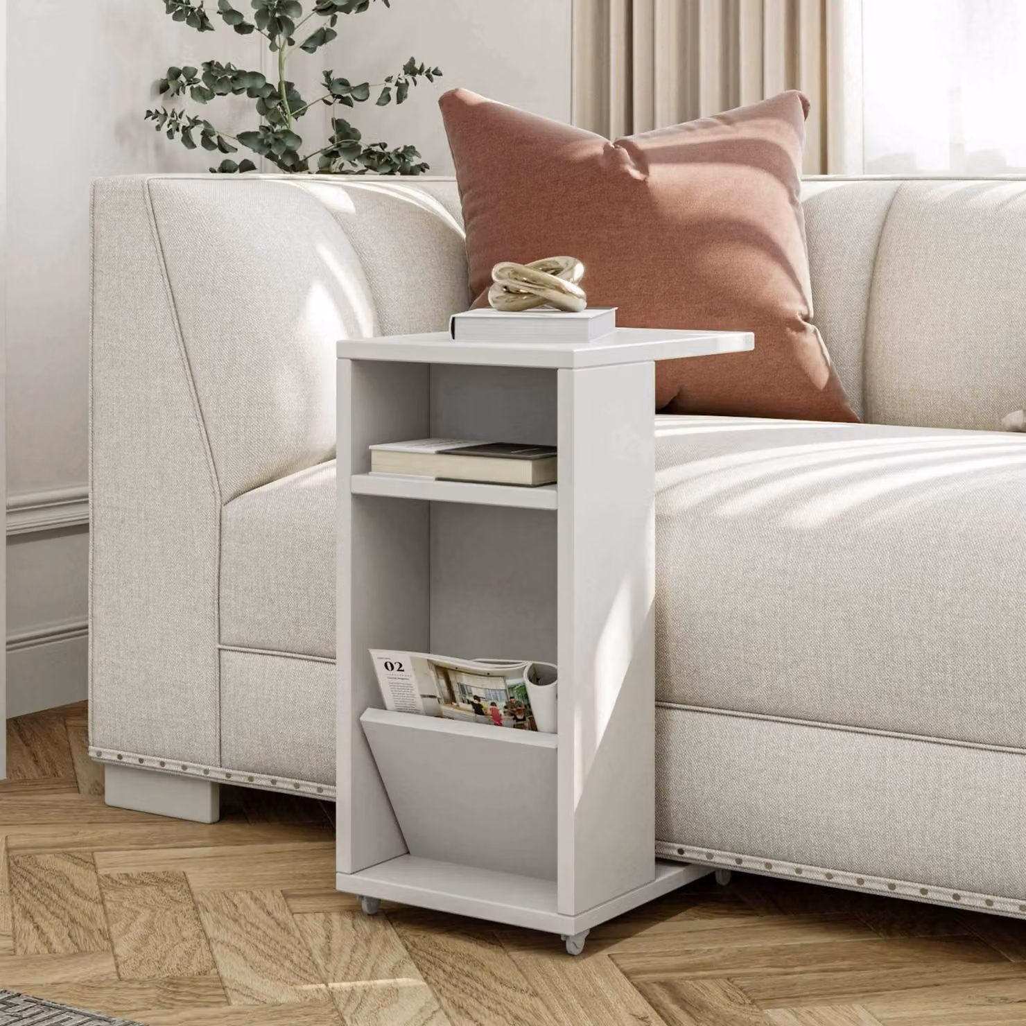 Dmora Tavolino da Salotto Blas 40x30x63h cm Bianco, 3 Vani Gambe con Ruote